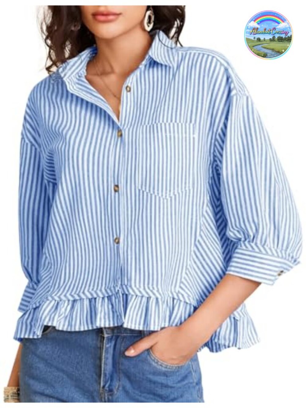 Women's Striped Cotton Crop Button-Down Shirt Ruffle Hem 3/4 Sleeve Blouse